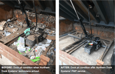 Before and after photos of dock pit cleaning by NDS PMP professionals