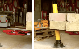 Rebounding bollard absorbing impact from a forklift