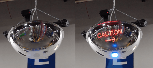 LED mirror alert dome displays high-visibility LED "caution" text and turns on a blue floor light when forklift traffic is in close proximity