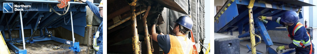 Loading dock service professionals serving the underside of a dock leveler