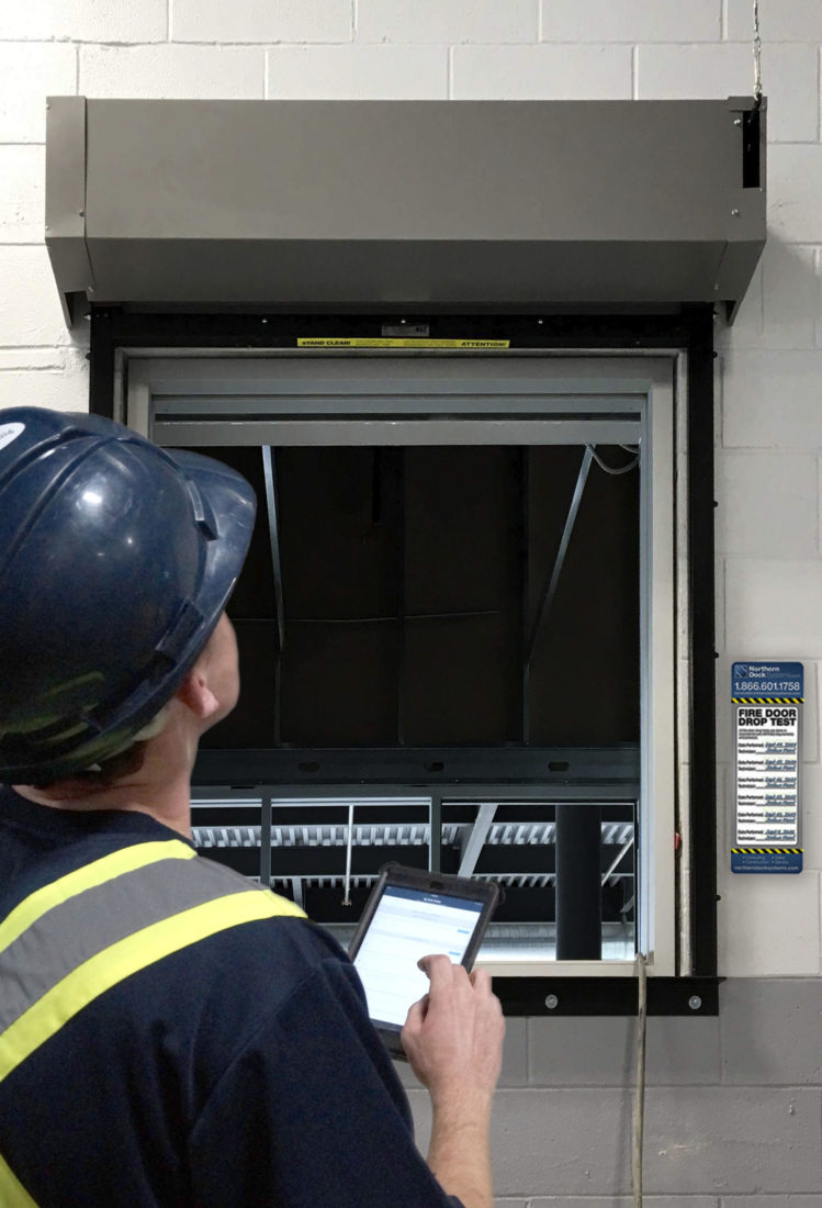 Fire Door – Process Fire door drop test inspection with technician multi-point checklist on phone and sticker tracker