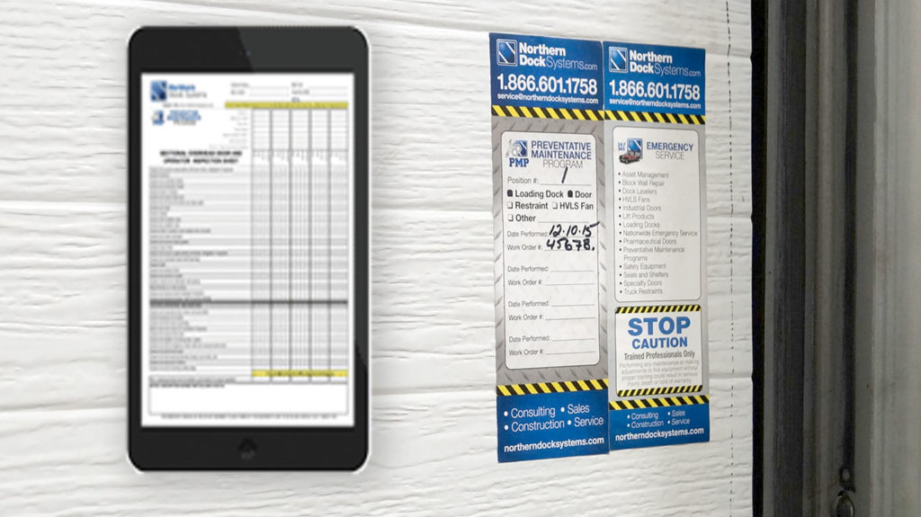 Overhead Door Service Multi-point inspection report on phone and sticker on overhead door showing last Preventive Maintenance (PMP)