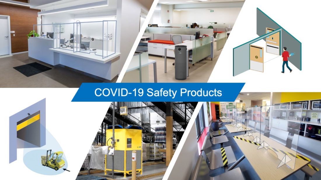 COVID-19 Safety Products, plexiglass safety shields for reception, JADE UV air purifier in office, touchless entry, hand wave sensor, automatic industrial doors, EcoAir air filtration in warehouse, plexiglass safety shields in lunchroom