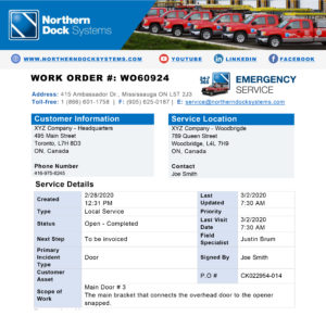Emergency service work order with details of the scope of work