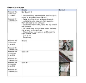 Emergency service work order with before and after pictures