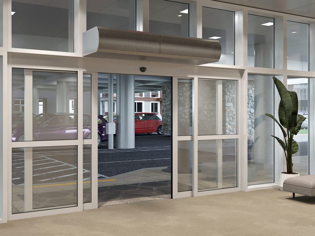 Architectural low profile air curtain sliding doors parking garage