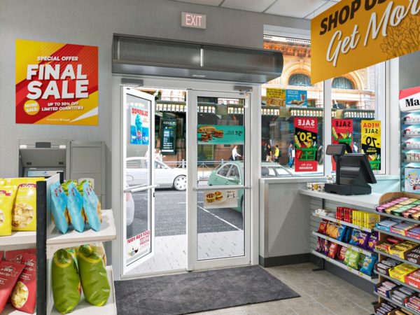Architectural low profile air curtain convenience store