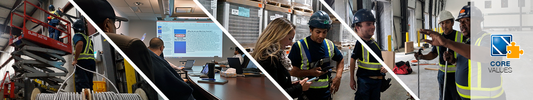 header-our-core-values Our Core Values technicians in scissor lift boardroom meeting