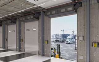 Industrial direct drive air curtain distribution center door