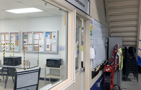 warehouse manufacturing plant touchless wave sensor automatic swing door lunchroom