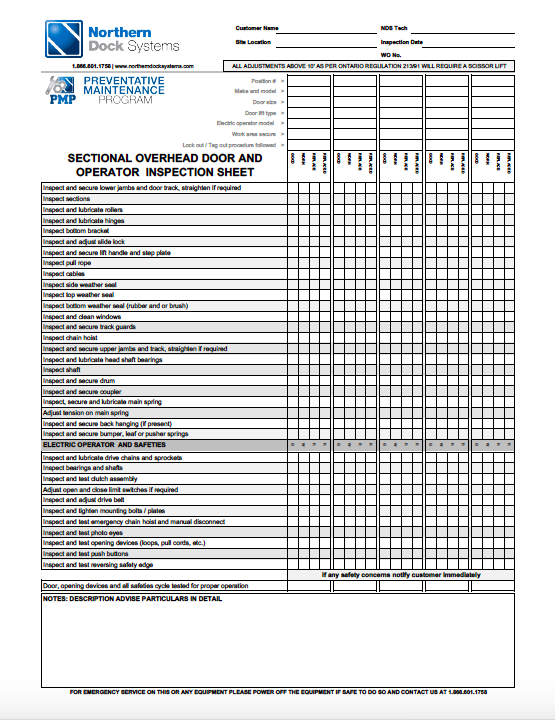 Preventive Maintenance Program PMP Sectional Overhead Door Operator multi-point inspection sheet