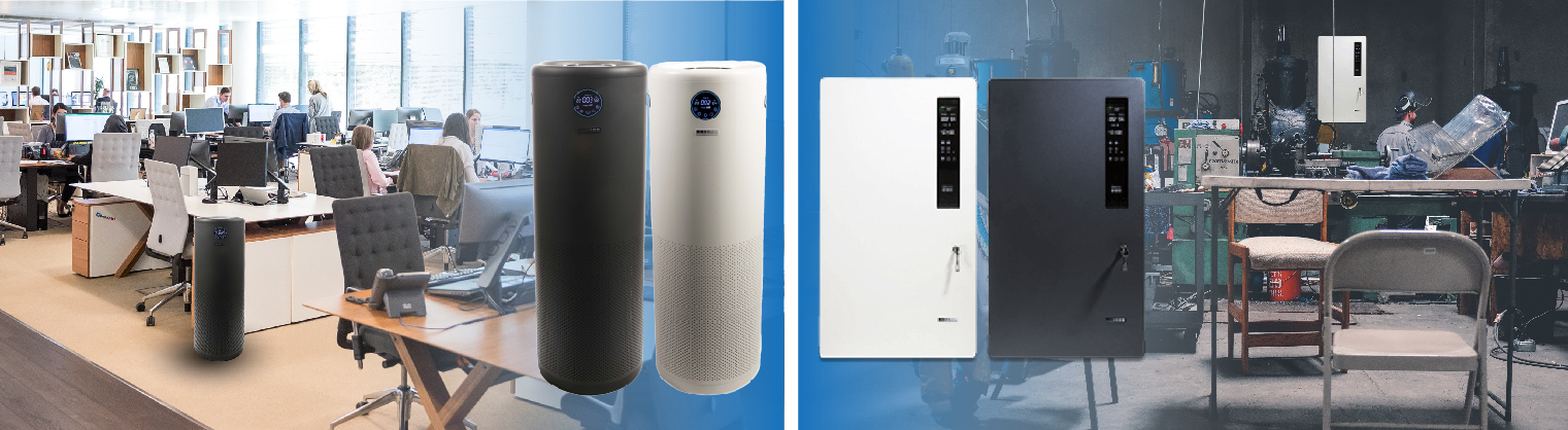 JADE2.0 air purifier in office and ONYX in warehouse break room