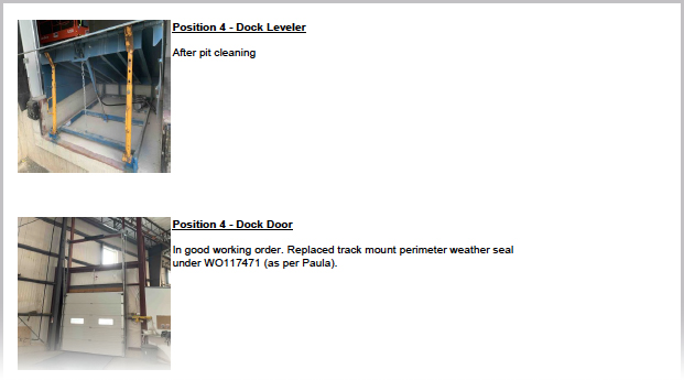 PMP Report Sample Pictures preventive preventative maintenance dock leveler plate pit cleaning dock door replaced track mount perimeter weather seal