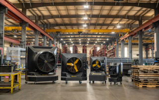 Cool-Space evaporative coolers from back fans Big Ass Fans warehouse manufacturing plant